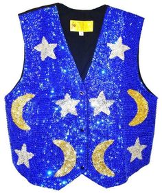 This sequin vest is handmade, high quality, original design and beautiful. Sequin vests are suitable for party, events or any occasional use. All sequin vests close with snaps in the front and the back is solid black with a strap to adjust the vest to your desired fit. Star Vest, Space Age Fashion, Sequin Costume, Happy Monster, Silly Clothes, Noir Uni, Sequin Vest, Beret Style, Celestial Blue