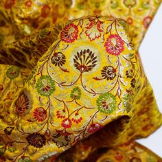 Heavy Banarasi Yellow Indian Brocade Fabric by Yard Bridal Costumes Wedding Dresses Material Crafting Sewing Cushion Covers Upholstery Drapery. This is a beautiful multi color banarasi pure silk brocade in floral design fabric in multi color (Yellow with Spring Green, Wine, Magenta, Brown) and Gold.  ➤Product: Brocade Fabric ➤Fabric Type: Blended Silk (Viscose + Rayon and 30% Silk) Fine Quality Zari Brocade Weaving from Banaras ➤Color: Base color is Yellow with Spring Green, Wine, Magenta, Brown Sewing Cushion Covers, Wedding Dress Material, Banarasi Brocade, Sewing Cushions, Silk Cushions Covers, Silk Cushions, Embroidered Cushions, Indian Fabric, Ikat Fabric