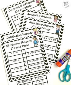 four printable worksheets with scissors, glue and markers on top of them