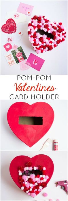 valentine's day card holder made from pom - pom paper and hearts