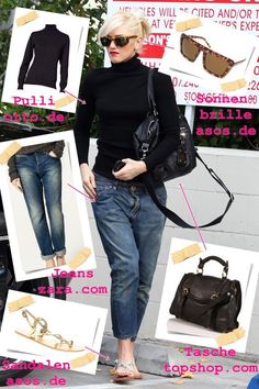 a woman in black shirt and jeans carrying a handbag