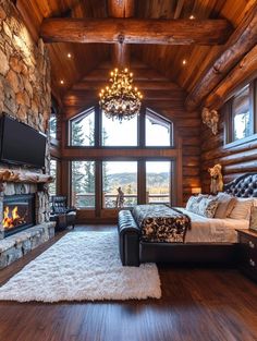 a bedroom with a fireplace, bed and television in the middle of it on a wooden floor