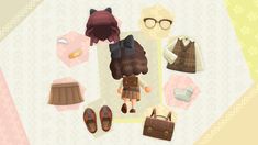 an animal crossing character is surrounded by clothing and accessories, including shoes, purses