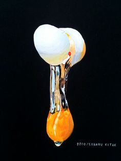 a painting of an orange and white flower hanging from a black background with water droplets