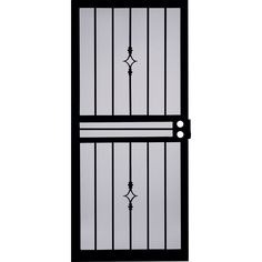 an image of a black and white door with iron bars on the top, and bottom