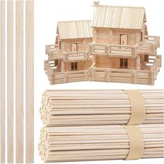 a group of wooden sticks and some building model pieces next to each other on a white background