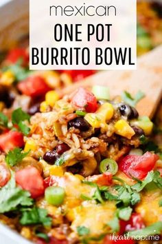 mexican one pot burrito bowl in a white dish with a wooden spoon