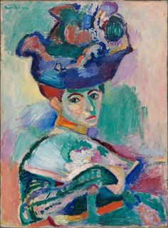 a painting of a woman wearing a blue hat with flowers on it's head