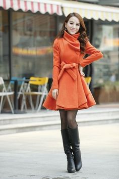 Long Woollen Coat Lapels Han Edition Orange sold by Outletpad on Storenvy Fitted Orange Long Sleeve Outerwear, Chic Fitted Orange Outerwear, Elegant Orange Winter Outerwear, Coat And Dress Outfit, Boots Mode, Fancy Coat, Coat And Dress, Gown Ideas, Womens Dress Coats