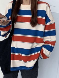 Long-Sleeve Striped Sweatshirt Vintage Striped Pullover Sweatshirt - AnotherChill Striped Pullover, Bodycon Floral Dress, Striped Sweatshirts, Sweatshirt Women, Orange Fabric, New Years Sales, Crop Top Blouse, Exclusive Fashion, Red Fabric