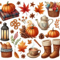 a collection of autumn items including boots, pumpkins and leaves