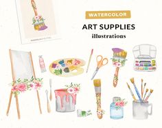 the watercolor art supplies illustrations are ready to be used for painting and other projects