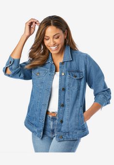 An essential denim jacket for everyday, complete with a classic shirt collar for everyday polish.  27" lengthCottonMachine wash; importedComplete the Long Denim Jacket, Classic Denim Jacket, Oversized Denim Jacket, Tunic Tank Tops, Ladies Of London, Denim Midi Skirt, Denim Jean Jacket, Plus Size Jeans, Cropped Denim