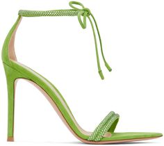 Suede heeled sandals in green. Crystal-cut detailing throughout. · Open pointed toe · Ankle strap with self-tie fastening · Gold-tone logo stamp at padded leather footbed · Covered stiletto heel with rubber injection · Leather sole · Heel: H4 in Supplier color: Kiwi | Gianvito Rossi Green Montecarlo Heeled Sandals Green Formal Sandals With Single Toe Strap, Green Lace-up Sandals With Wrapped Heel, Green Formal Heels With Single Toe Strap, Green Heels With Heel Strap And Single Toe Strap, Green Sandals With Wrapped Heel And Single Toe Strap, Luxury Green Sandals With Single Toe Strap, Green Leather Heels With Single Toe Strap, Luxury Green Sandals With Wrapped Heel, Chic Green High Heel Lace-up Sandals