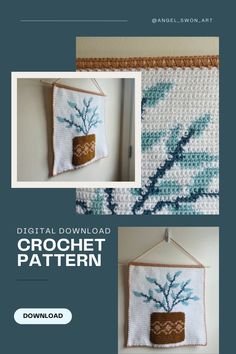 two pictures with the words crochet pattern on them and an image of a tree hanging