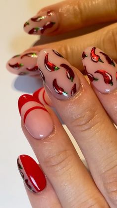 Pinup Nails Vintage Style, Chili Nail Art, Chilli Nail Art, Chili Pepper Nails, Chilli Nails, Chili Nails, Pepper Nails, Spicy Nails, Nail Halloween