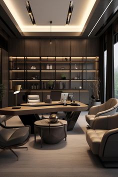 an elegant office with modern furniture and lighting