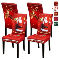 two red santa claus chairs with christmas decorations on them