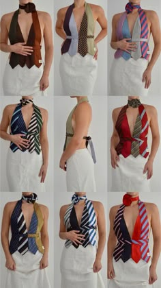 the woman is wearing many different neckties on her chest and back, all in different colors