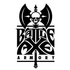 a black and white logo with a skull in the middle, surrounded by an arrow