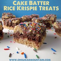 cake batter rice krispie treats with chocolate frosting and sprinkles on top