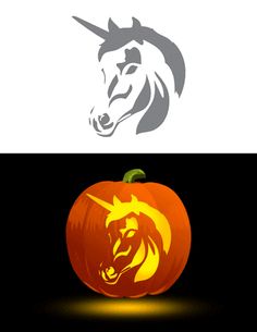 an orange pumpkin with a horse's head carved into the top, and a black background