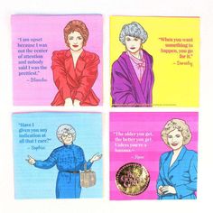 four magnets depicting women in different outfits and sayings about their roles on the television show