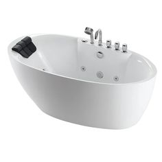 a white bathtub with black handles and faucets on the side, in front of a white background