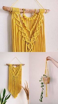 two pictures of macrame hanging on the wall and one has a plant in it