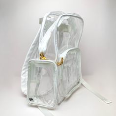 This backpack is perfect for any occasion! It includes an adjustable straps, front packet to put your phone for easy access, and two side pockets. This back pack measures 14 inches x 9.5 inches x 4.5 inches. SKU: #TG10437-CLWH White Travel Bag With Clear Strap, White Bags With Clear Strap For On-the-go, White School Bag With Clear Strap, White Satchel Backpack For School, White Nylon Backpack Shoulder Bag, White Softback Backpack For On-the-go, White Nylon Backpack Style Shoulder Bag, White Satchel Backpack For Daily Use, White Shoulder Bag With Clear Strap For On-the-go