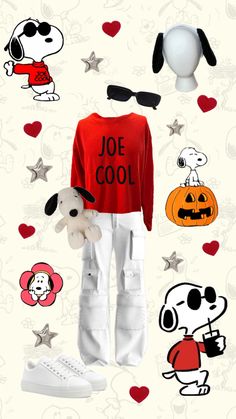 a red shirt and white pants with snoopy on it, surrounded by other cartoon characters