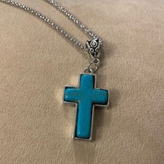 Silver 18” Chain, Extension Chain, Semiprecious Stone Cross Pendant 1.25” X 1” Wide Turquoise Turquoise Cross Pendant Necklace For Gift, Spiritual Turquoise Necklace With Lobster Clasp, Spiritual Turquoise Necklace With Cross Pendant Gift, Spiritual Turquoise Cross Pendant Necklace Gift, Blue Turquoise Necklace With Adjustable Chain For Gift, Spiritual Blue Cross Pendant Necklace, Turquoise Cross Pendant Necklace As Gift, Blue Turquoise Pendant Necklace With Lobster Clasp, Cork Necklace