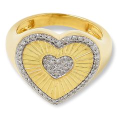 Elevate your style with the Rarities Gold-Plated Diamond Heart Ring, a symbol of modern elegance and romance. This exquisite piece features a heart-shaped cluster of pavé-set white diamonds, meticulously arranged to capture and reflect light with every movement.

- Material: Stamped .925 sterling silver with 18K gold plating and rhodium accents
- Size: 12
- Dimensions: Approx. 9/16"L x 13/16"W x 1/8"H; shank 1/16"W
- Color: Gold
- Gender: Female
- Stone: White Diamond (Total Carat Weight: 0.25 c Luxury Heart-shaped Diamond Ring With Accents, Double Heart Diamond Accents Ring For Promise, Diamond Heart Ring With Diamond Accents, Heart Cut Rings With Pave Setting For Valentine's Day, Heart-shaped Pave Diamond Ring, Promise Double Heart Ring With Diamond Accents, Heart-shaped Diamond Ring With Pave Setting, Fine Jewelry Heart-shaped Rings With Pave Setting, Heart Shaped Diamond Ring With Pave Setting