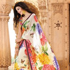 Cream Pure Georgette Saree with Blouse Floral Print Sarees, Indian Sarees Online, Casual Saree, Printed Saree