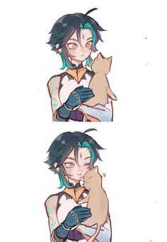 two pictures of an anime character with blue hair and green eyes, one holding a cat