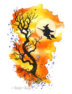 a watercolor painting of a tree with a witch flying over it