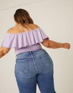 Body Suits And Jeans Plus Size, Rust And Black, Ruffle Bodysuit, Flowy Pants, Shoulder Cut, New Wardrobe, Off Shoulder Blouse, Off The Shoulder, Lilac