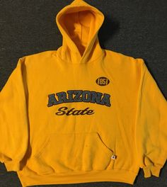 Vintage Russell Athletic Arizona State University Faded spellout Hoodie In sz. XL in yellow. Various spotting/fading/wear as pictured. See pictures for condition/wear. C9 ******PLEASE MAKE SURE YOU READ AND UNDERSTAND THESE GUIDELINES****** ALL SALES FINAL so understand what you are purchasing. The pictures in this listing and the description are all part of the item description so make sure you have examined all measurements, photos, and flaws prior to purchasing.   I DON'T GIVE REFUNDS IF SOME Oversized Vintage Hoodie For College, Vintage Oversized Hoodie Sweatshirt, Oversized Vintage Hoodie Sweatshirt, Vintage Hoodie With Letter Print, Vintage Sports Hoodie With Graphic Print, Vintage Graphic Print Sports Hoodie, Vintage Streetwear Tops With Drawstring Hood, Vintage Hooded Top For Streetwear, 90s Hooded Sweatshirt For College