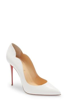 A curvy, scalloped counter and willowy stiletto heel dial up the drama on a pointy-toe pump finished with an iconic Louboutin red sole. 4 1/4" (108mm) heel (size 37) Wipe with a soft, dry cloth and store in a dust bag Please note that the red lacquer on the soles will wear off as a result of normal use. To minimize the effect, avoid wearing these shoes in wet weather or on abrasive surfaces Leather upper, lining and sole Made in Italy Salon Shoes Red Louboutin, Red Lacquer, White Pumps, Red Sole, Wet Weather, Patent Leather Pumps, The Drama, Stiletto Heel, Dress White