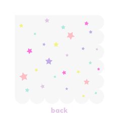 a white background with stars and the word back written in pink, blue, and green