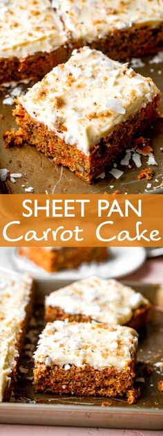 sheet pan carrot cake with white frosting on top