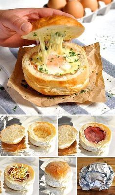 there are pictures of sandwiches with meat and cheese on them, including an egg in the middle