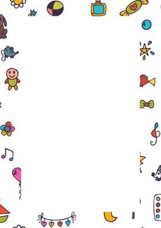 a white background with various cartoon characters and objects in the center, along with an empty space for text