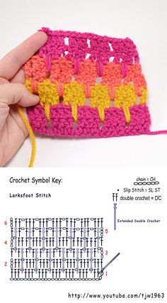 the crochet symbol key is shown in pink, yellow and orange with an arrow on it