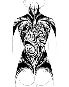 a woman's back with swirls and curves on her body in black and white