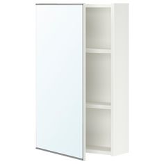 the medicine cabinet is white and has two shelves on one side, and an open door on the other