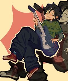 a drawing of a boy sitting on top of a guitar with his hands in his pockets