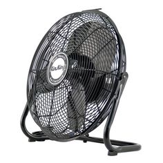 a black fan sitting on top of a metal stand