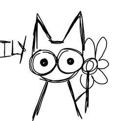 a black and white drawing of a cat with glasses on it's face, holding a flower