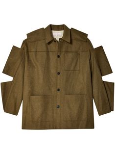 fern green wool blend cut-out detailing front button fastening spread collar chest patch pocket two front patch pockets long sleeves straight hem Walter Van Beirendonck, Balenciaga Track, Fern Green, Balenciaga Triple S, Dress Watch, Green Wool, Custom Watch, Short Suit, Sweaters Knitwear